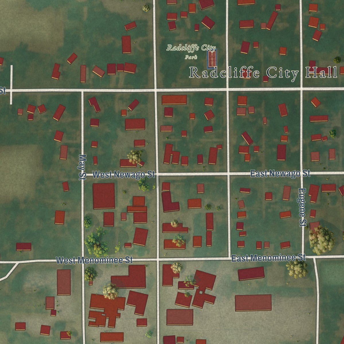 Close-up of the map of Radcliffe, Iowa print showing street and building detail