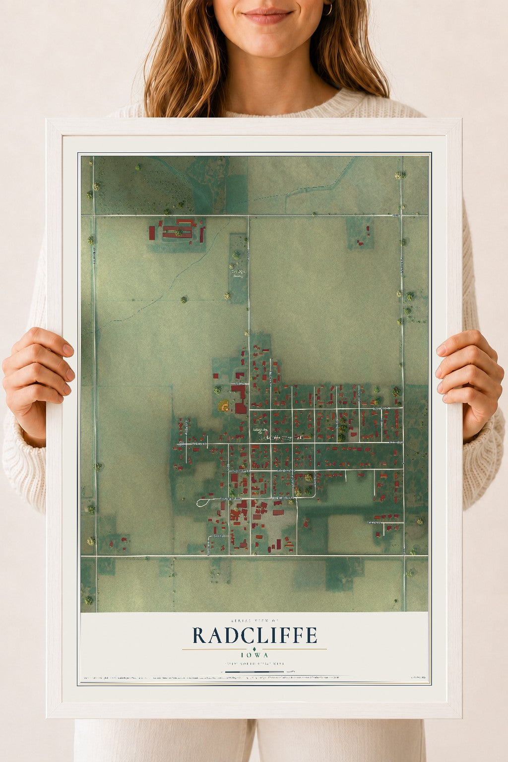 Map of Radcliffe, Iowa, 18 x 24 inch print in a white wood frame