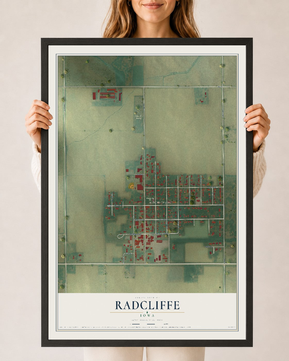 Map of Radcliffe, Iowa, 24 x 36 inch print in a black wood frame