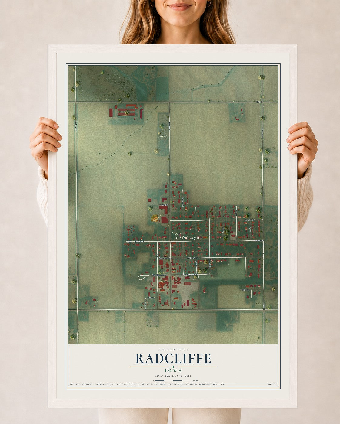 Map of Radcliffe, Iowa, 24 x 36 inch print in a white wood frame