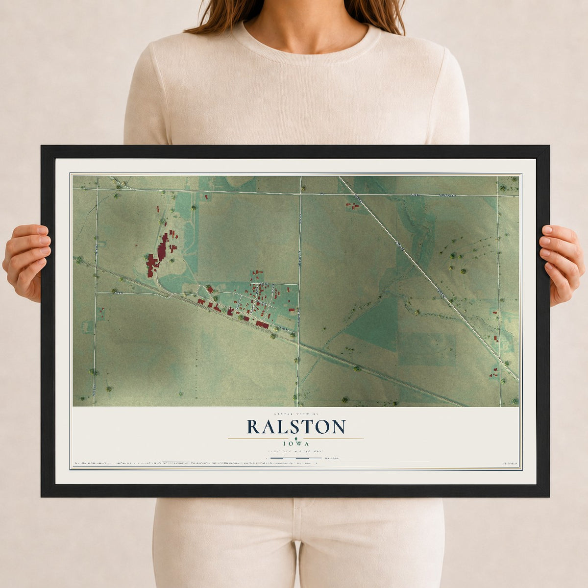 Map of Ralston, Iowa, 12 x 18 inch print in a black wood frame