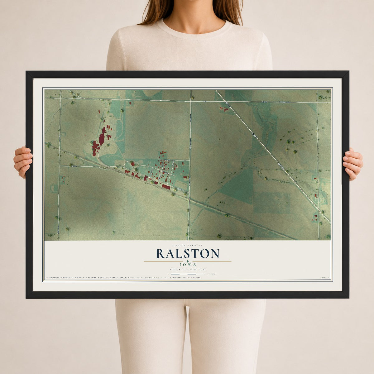 Map of Ralston, Iowa, 24 x 36 inch print in a black wood frame