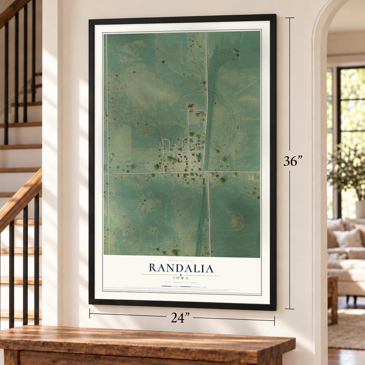 Randalia, Iowa map, 24 x 36 inch print in a black frame by a staircase