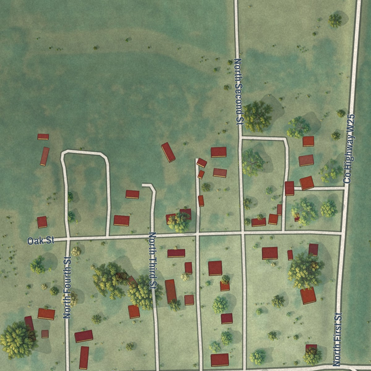 Close-up of the map of Randalia, Iowa print showing street and building detail