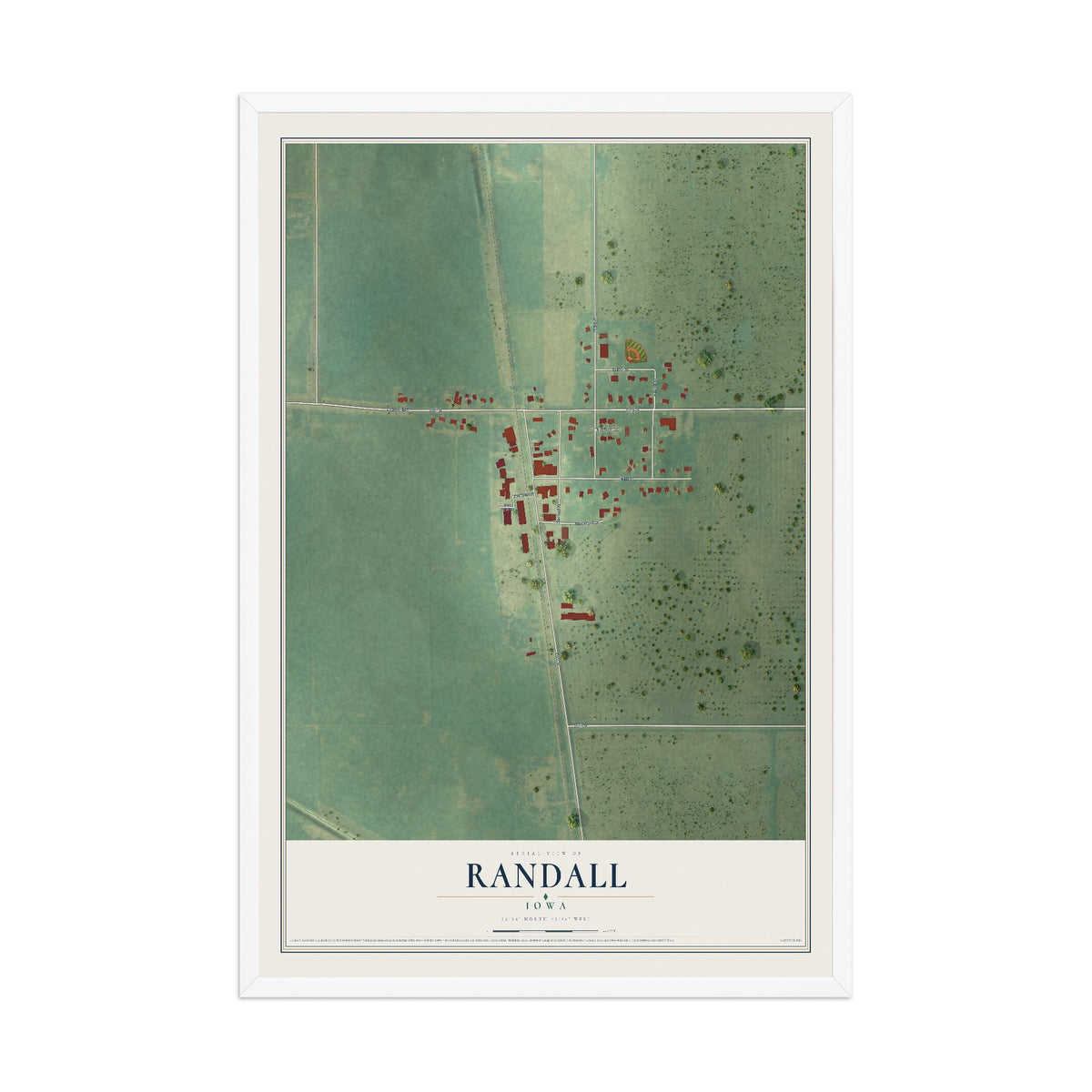 Map of Randall, Iowa, 12 x 18 inch print in a white wood frame
