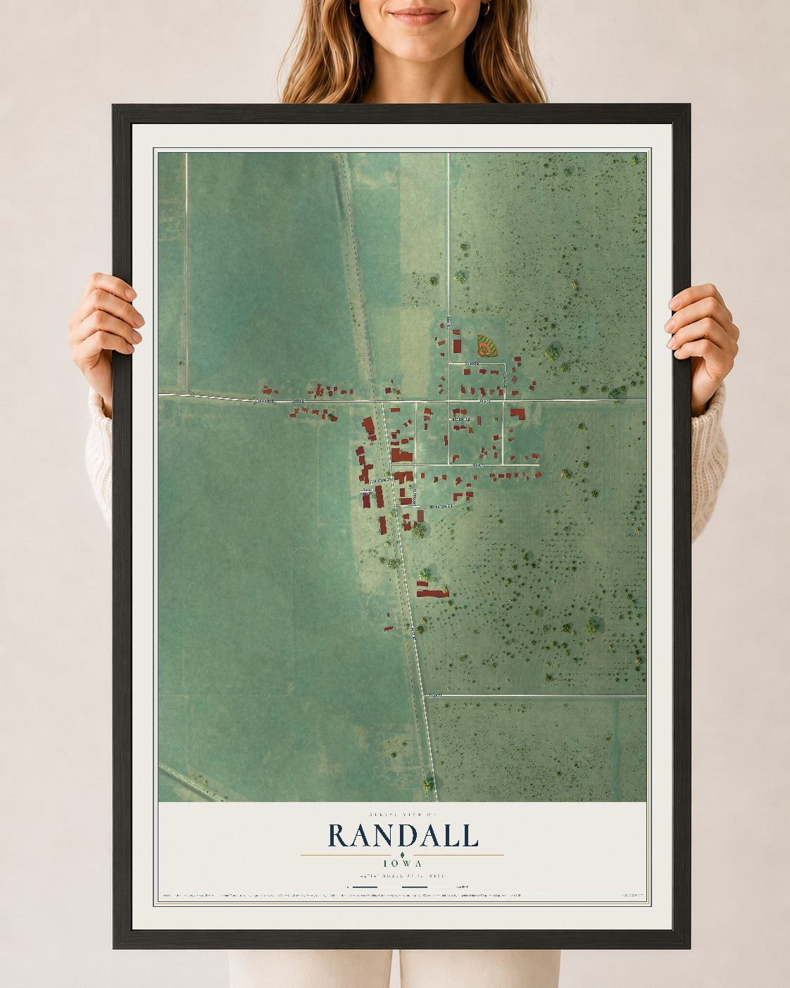 Map of Randall, Iowa, 24 x 36 inch print in a black wood frame