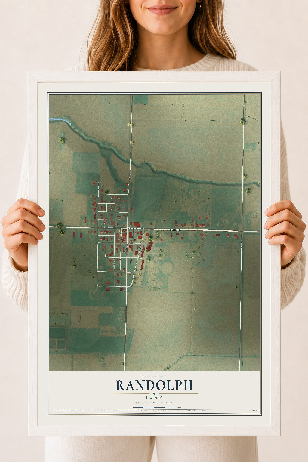 Map of Randolph, Iowa, 18 x 24 inch print in a white wood frame