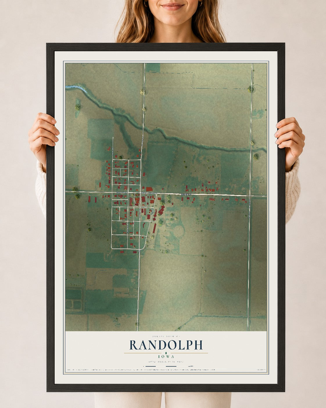 Map of Randolph, Iowa, 24 x 36 inch print in a black wood frame