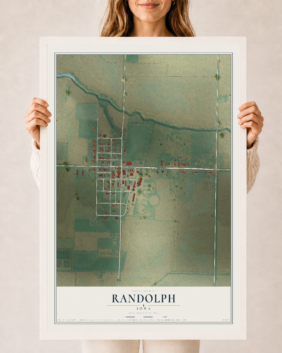 Map of Randolph, Iowa, 24 x 36 inch print in a white wood frame
