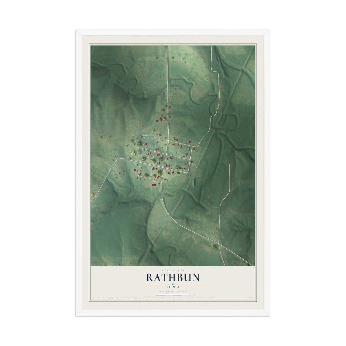 Map of Rathbun, Iowa, 12 x 18 inch print in a white wood frame