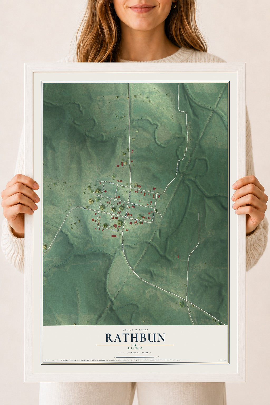 Map of Rathbun, Iowa, 18 x 24 inch print in a white wood frame