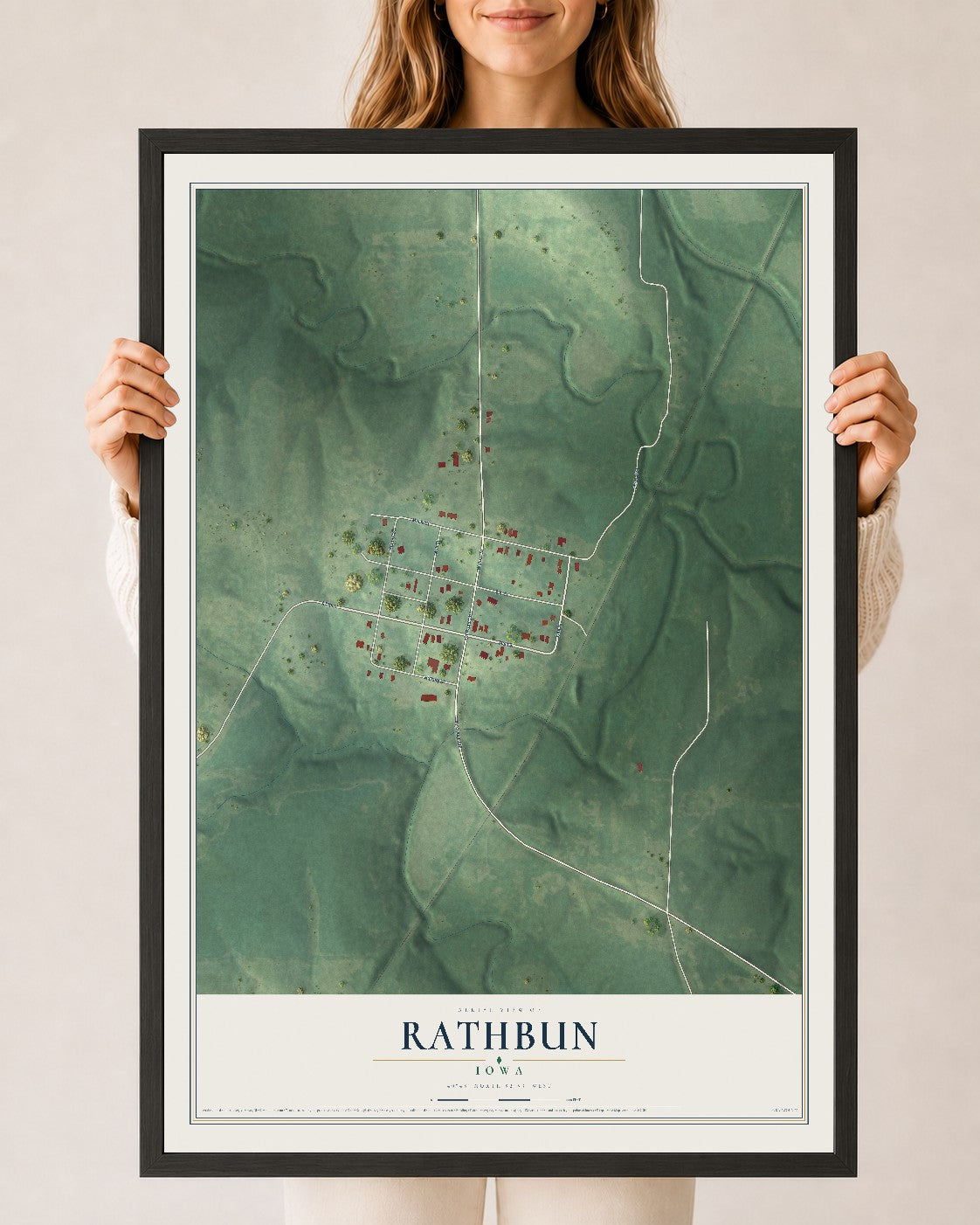Map of Rathbun, Iowa, 24 x 36 inch print in a black wood frame