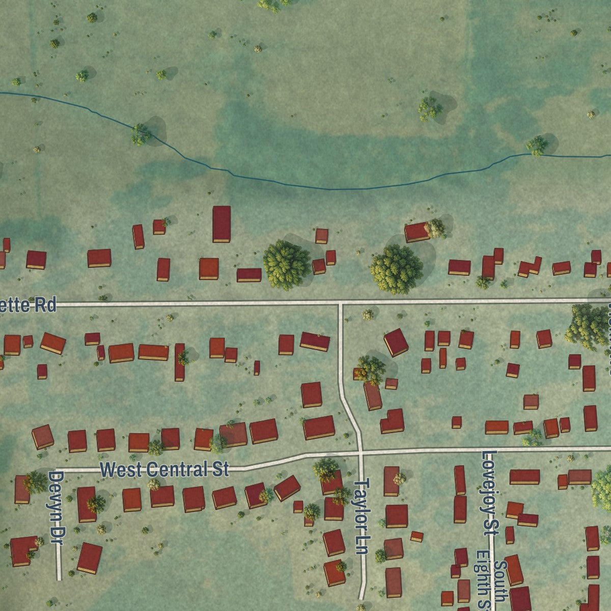Second close-up of the map of Raymond, Iowa print showing more streets and buildings