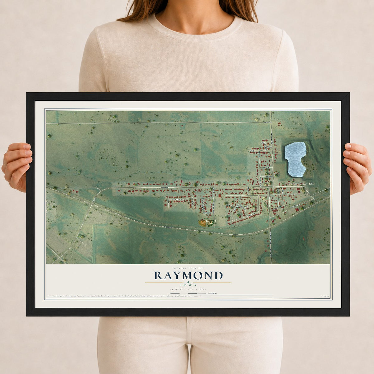 Map of Raymond, Iowa, 12 x 18 inch print in a black wood frame