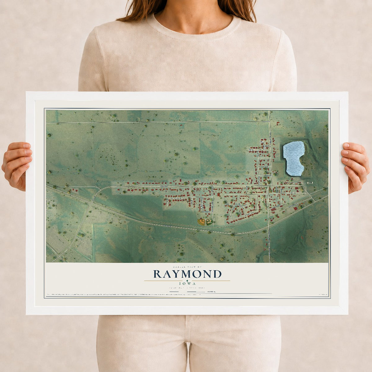 Map of Raymond, Iowa, 12 x 18 inch print in a white wood frame