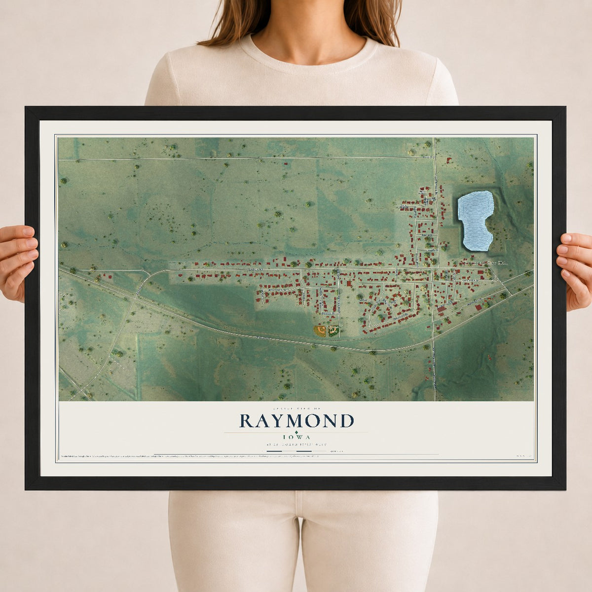 Map of Raymond, Iowa, 18 x 24 inch print in a black wood frame