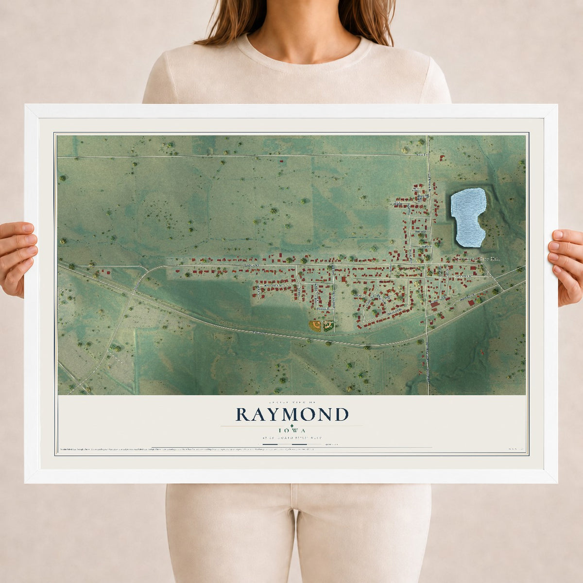 Map of Raymond, Iowa, 18 x 24 inch print in a white wood frame