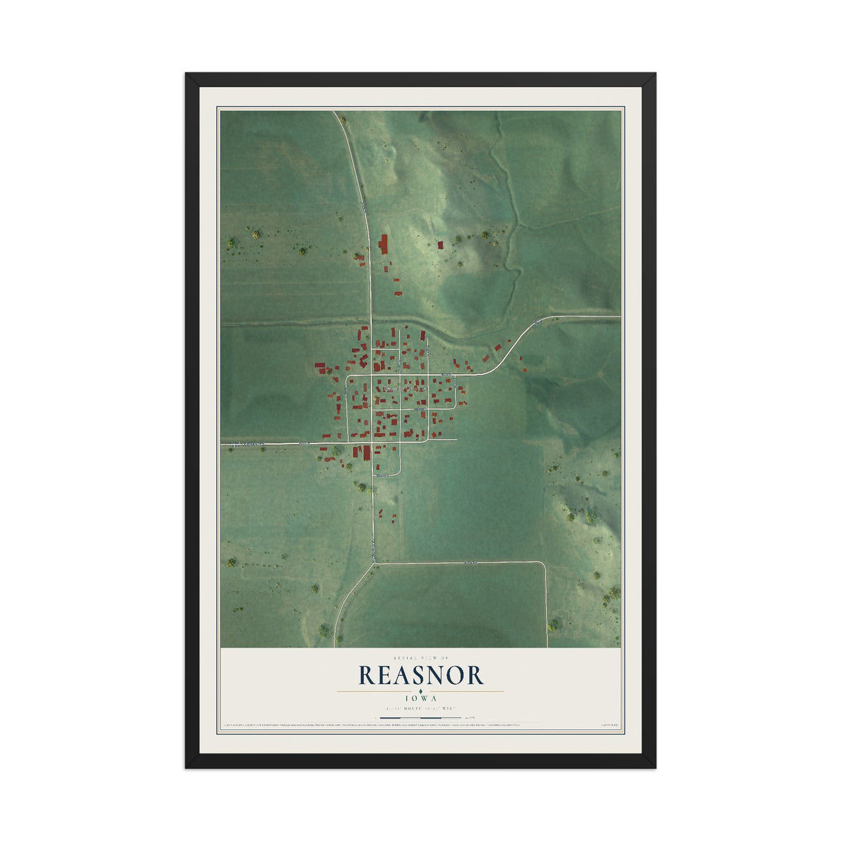 Map of Reasnor, Iowa, 12 x 18 inch print in a black wood frame
