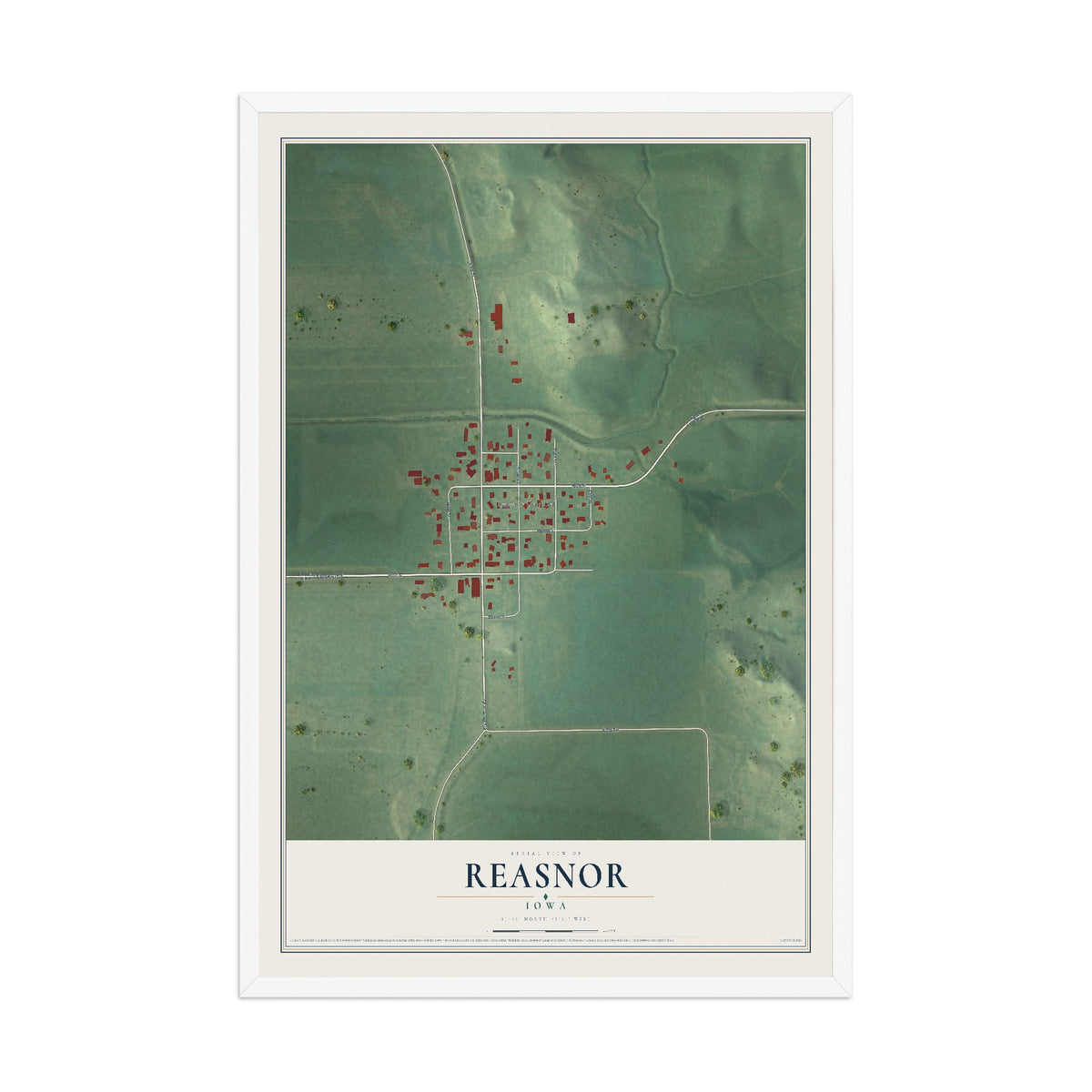 Map of Reasnor, Iowa, 12 x 18 inch print in a white wood frame