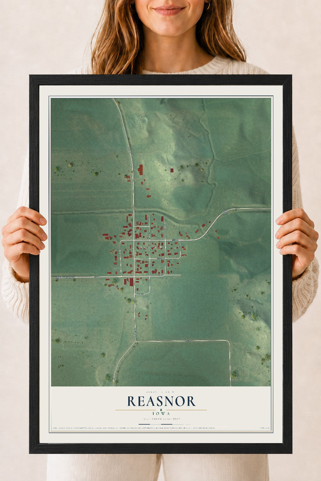 Map of Reasnor, Iowa, 18 x 24 inch print in a black wood frame
