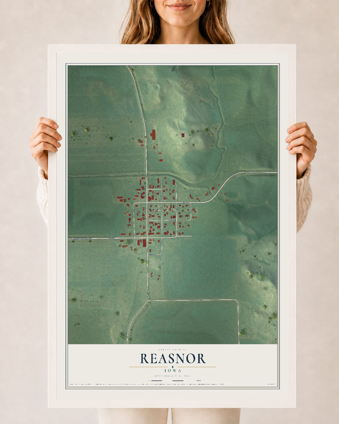 Map of Reasnor, Iowa, 24 x 36 inch print in a white wood frame