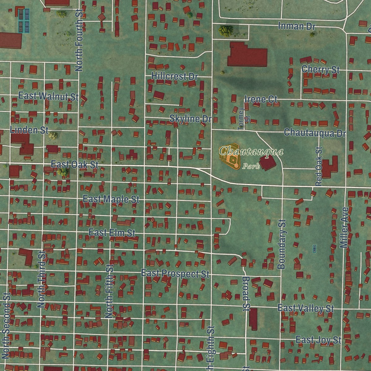 Close-up of the map of Red Oak, Iowa print showing street and building detail