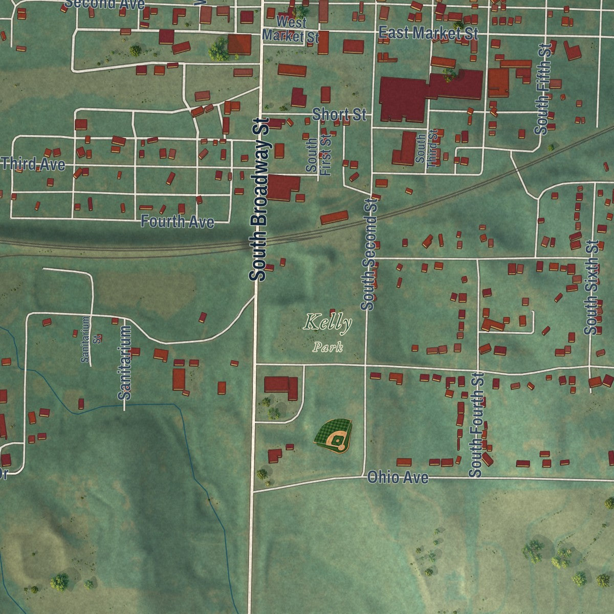 Second close-up of the map of Red Oak, Iowa print showing more streets and buildings