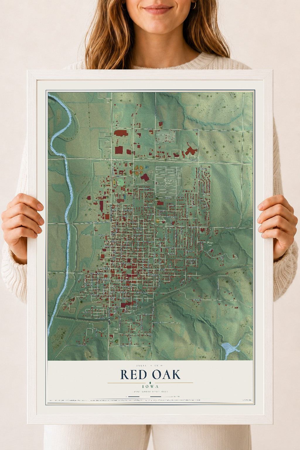 Map of Red Oak, Iowa, 18 x 24 inch print in a white wood frame