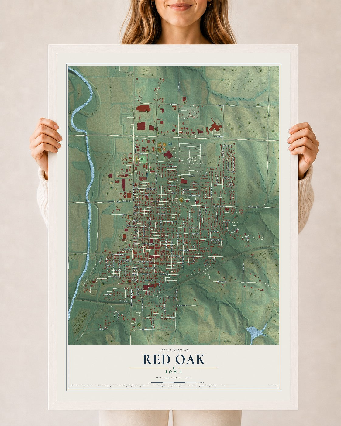 Map of Red Oak, Iowa, 24 x 36 inch print in a white wood frame