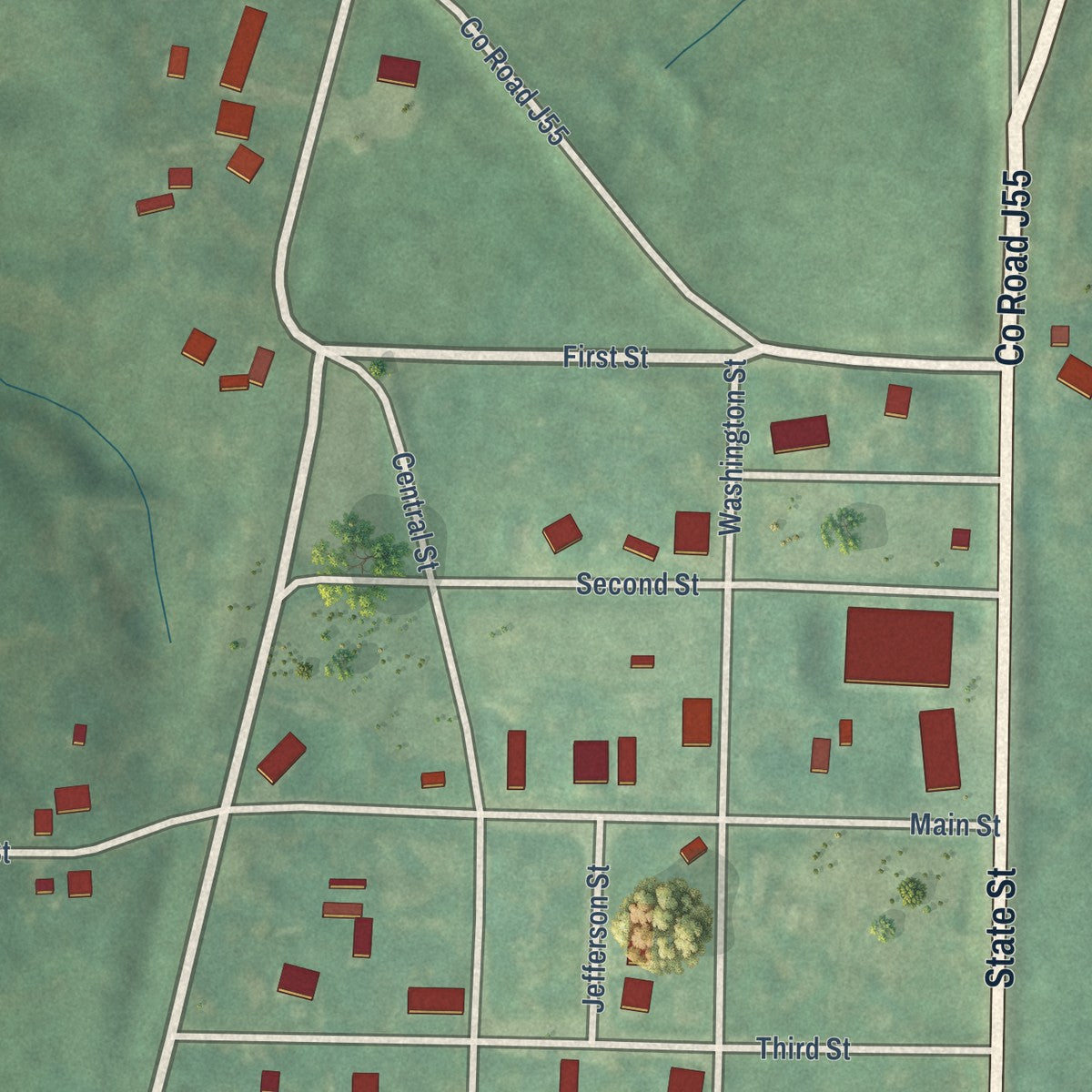 Close-up of the map of Redding, Iowa print showing street and building detail