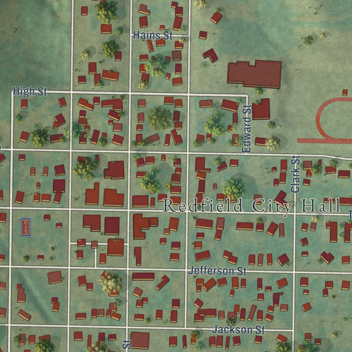 Close-up of the map of Redfield, Iowa print showing street and building detail