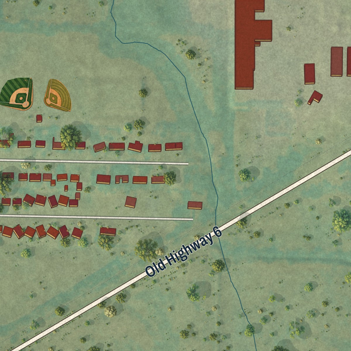 Second close-up of the map of Redfield, Iowa print showing more streets and buildings