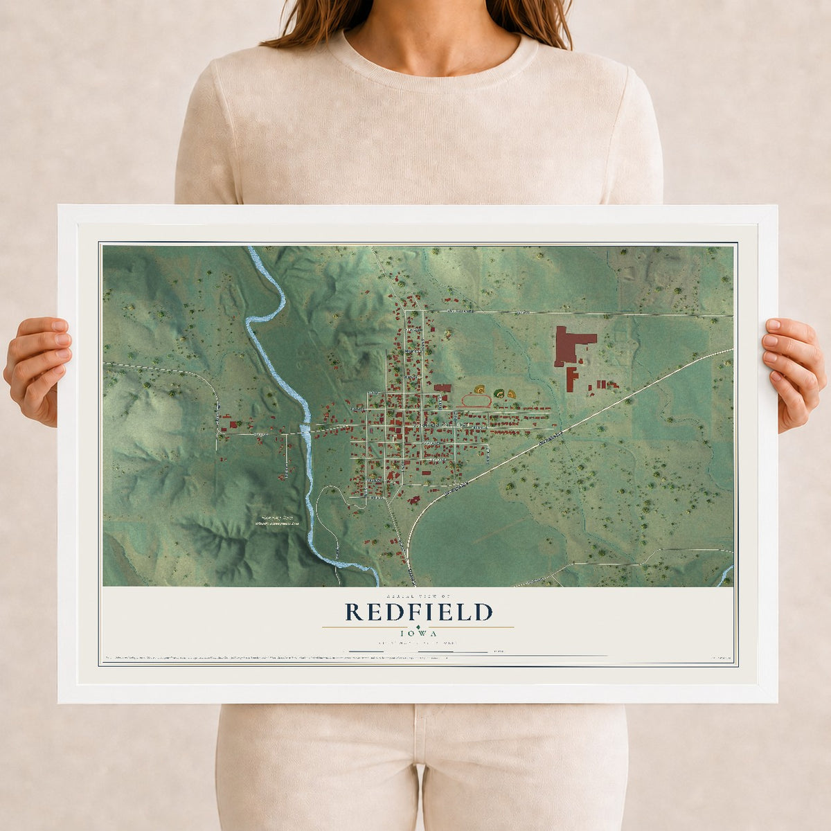 Map of Redfield, Iowa, 12 x 18 inch print in a white wood frame