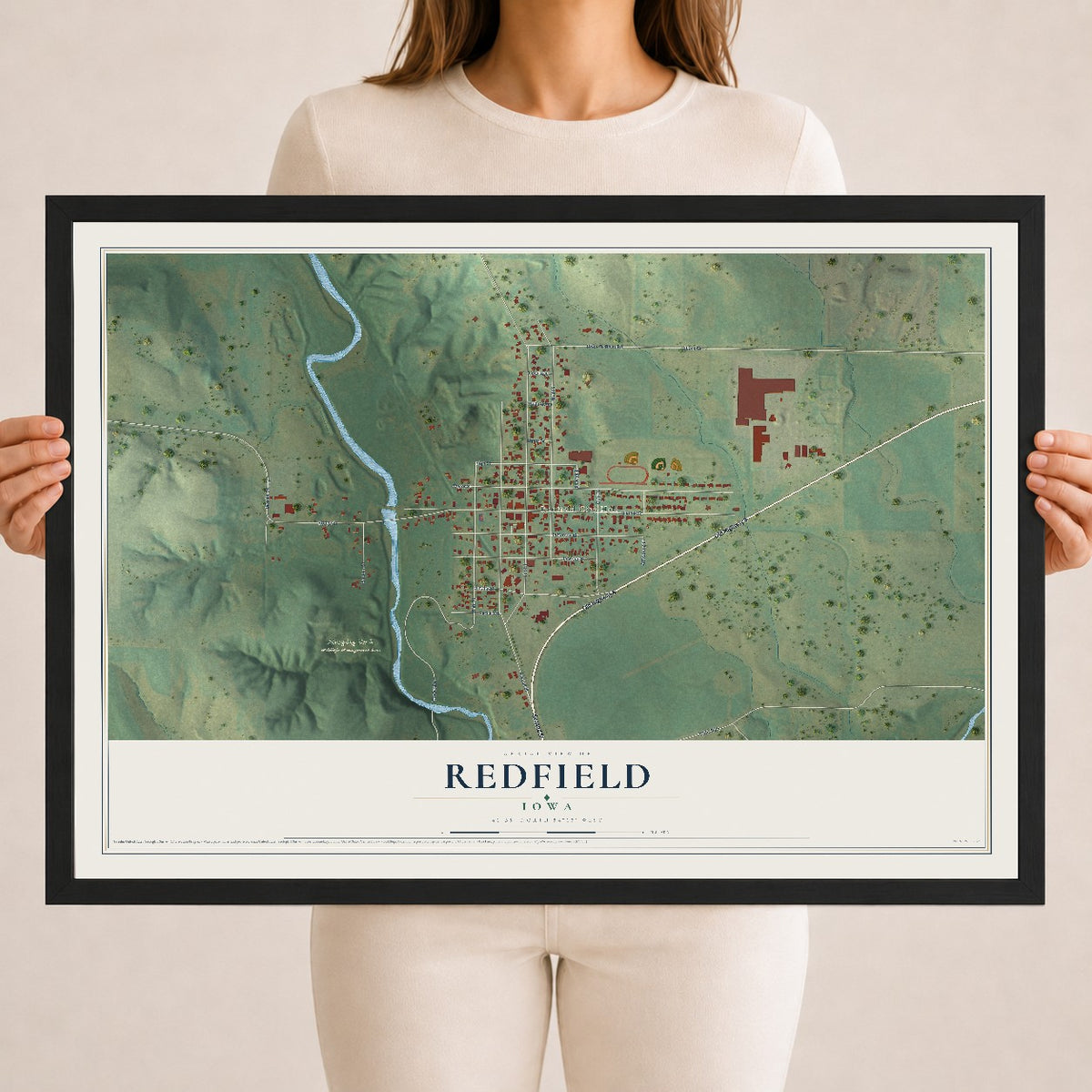 Map of Redfield, Iowa, 18 x 24 inch print in a black wood frame
