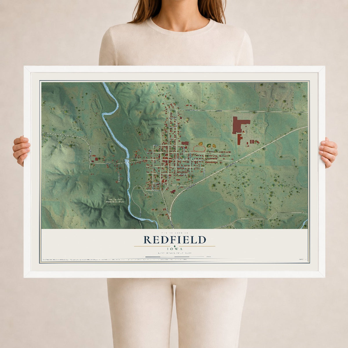 Map of Redfield, Iowa, 24 x 36 inch print in a white wood frame