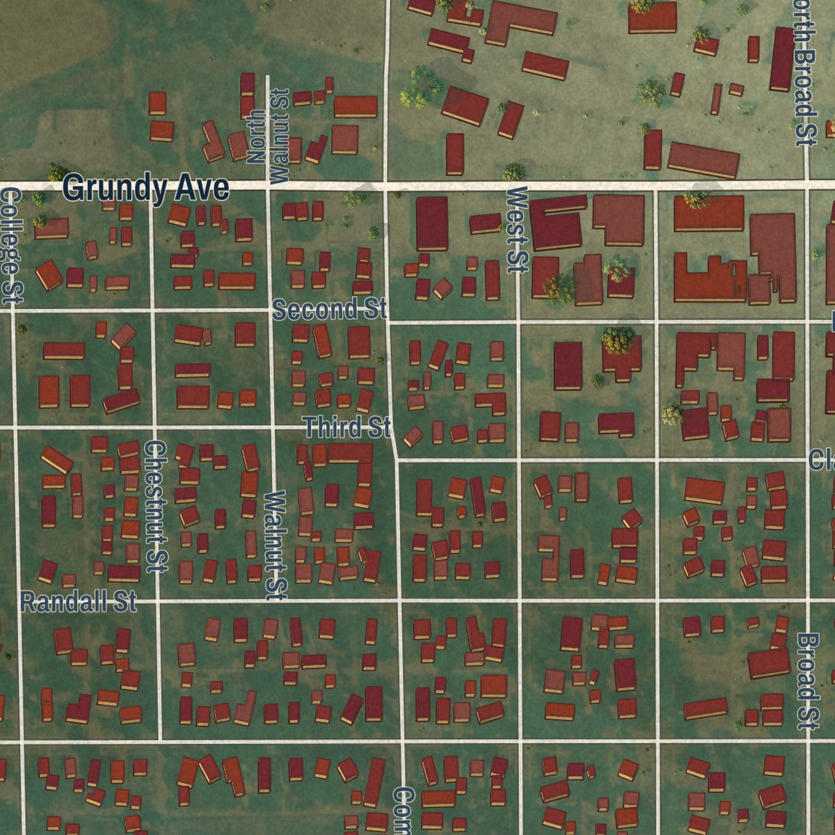 Close-up of the map of Reinbeck, Iowa print showing street and building detail