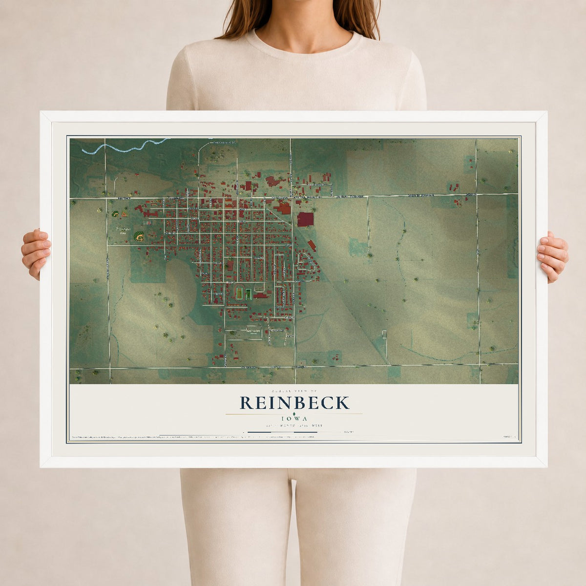 Map of Reinbeck, Iowa, 24 x 36 inch print in a white wood frame