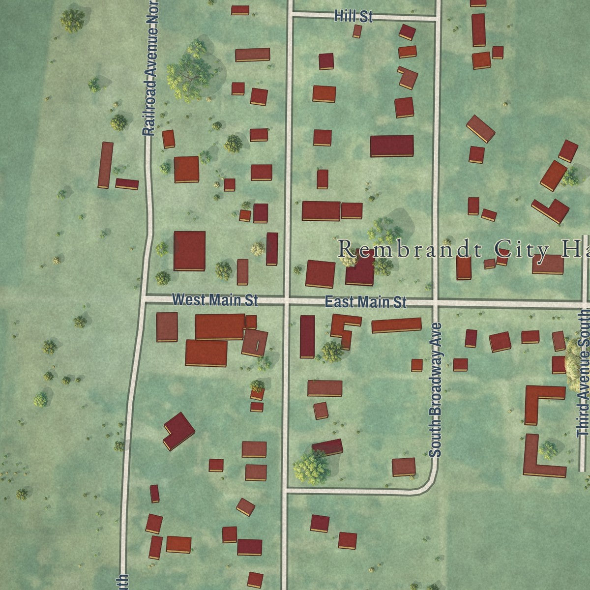 Close-up of the map of Rembrandt, Iowa print showing street and building detail