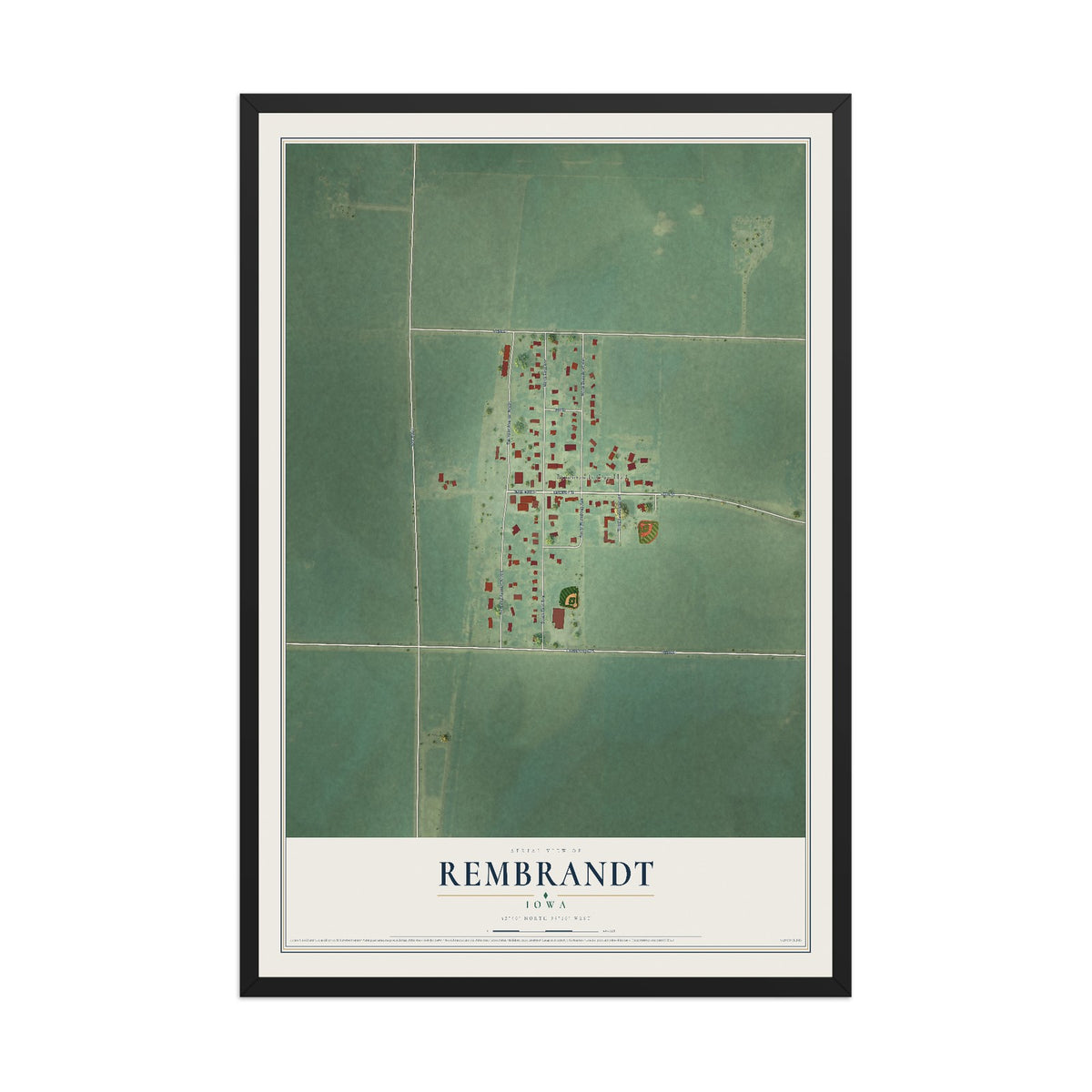 Map of Rembrandt, Iowa, 12 x 18 inch print in a black wood frame