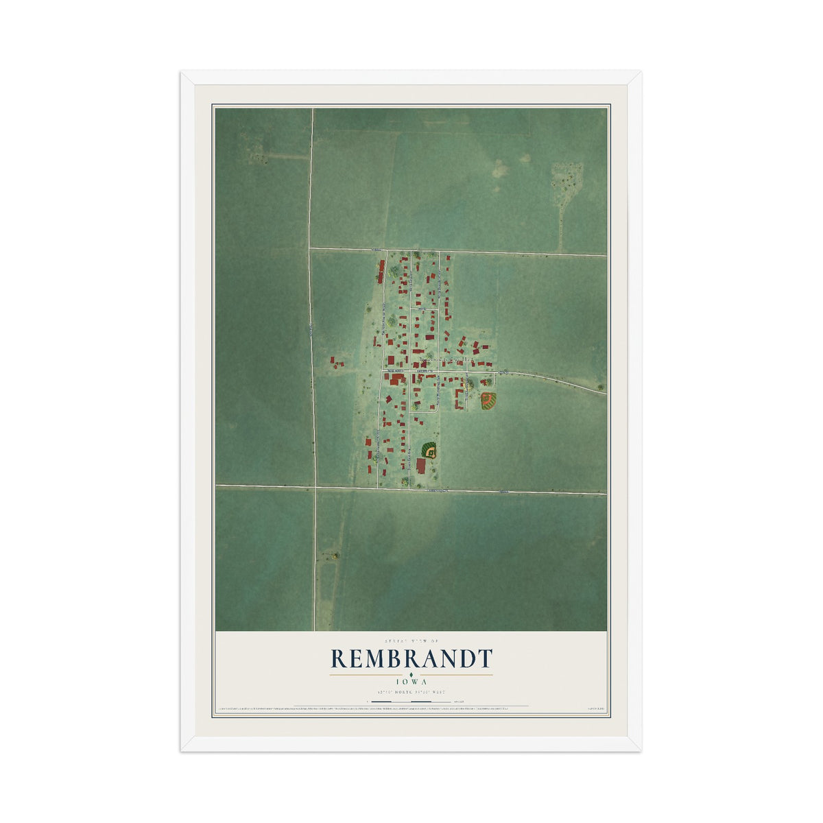 Map of Rembrandt, Iowa, 12 x 18 inch print in a white wood frame