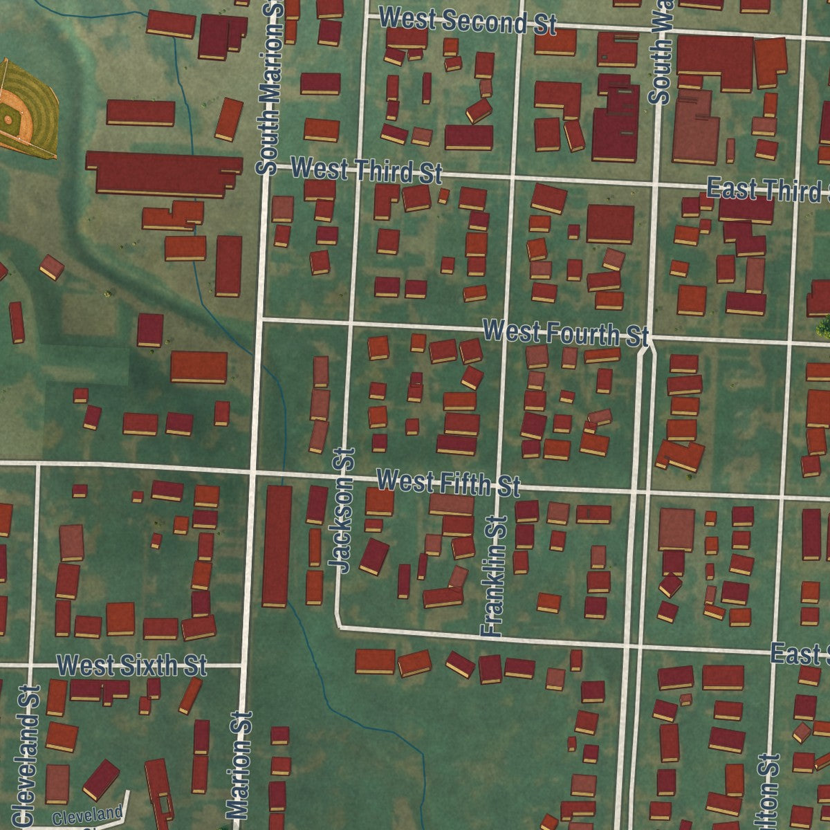 Close-up of the map of Remsen, Iowa print showing street and building detail