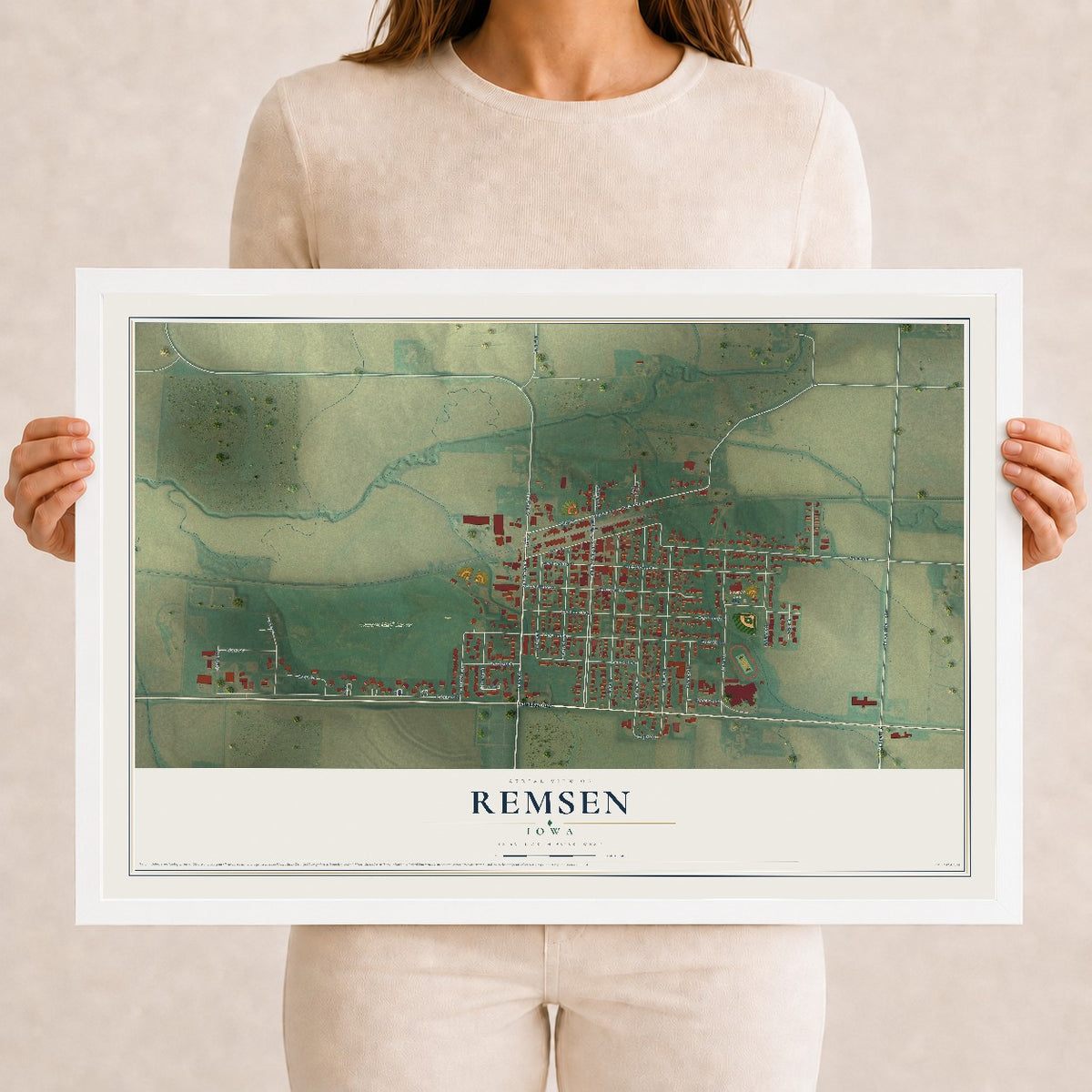 Map of Remsen, Iowa, 12 x 18 inch print in a white wood frame