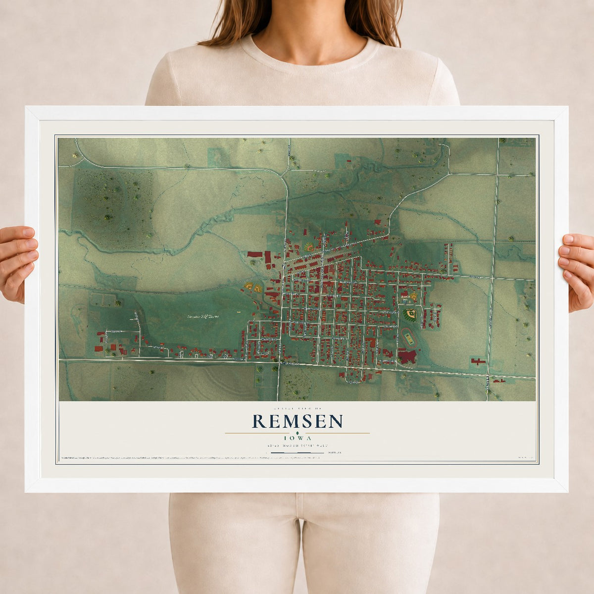 Map of Remsen, Iowa, 18 x 24 inch print in a white wood frame