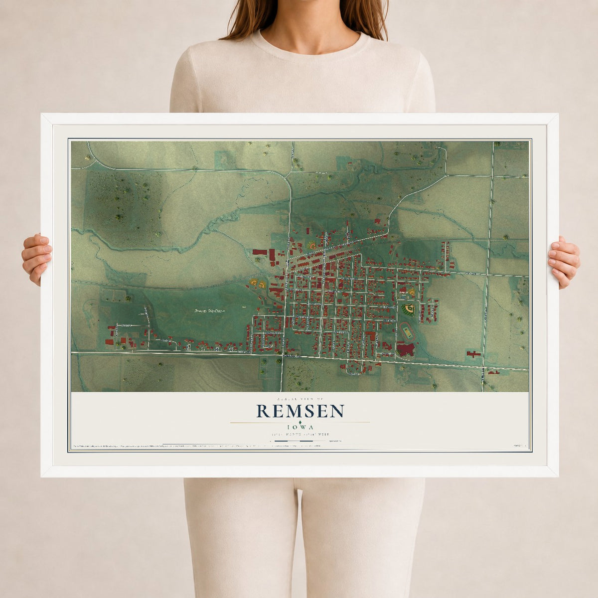 Map of Remsen, Iowa, 24 x 36 inch print in a white wood frame