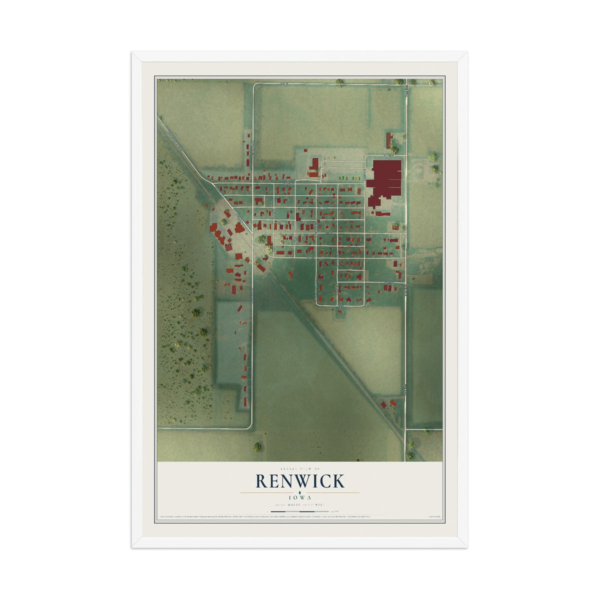Map of Renwick, Iowa, 12 x 18 inch print in a white wood frame