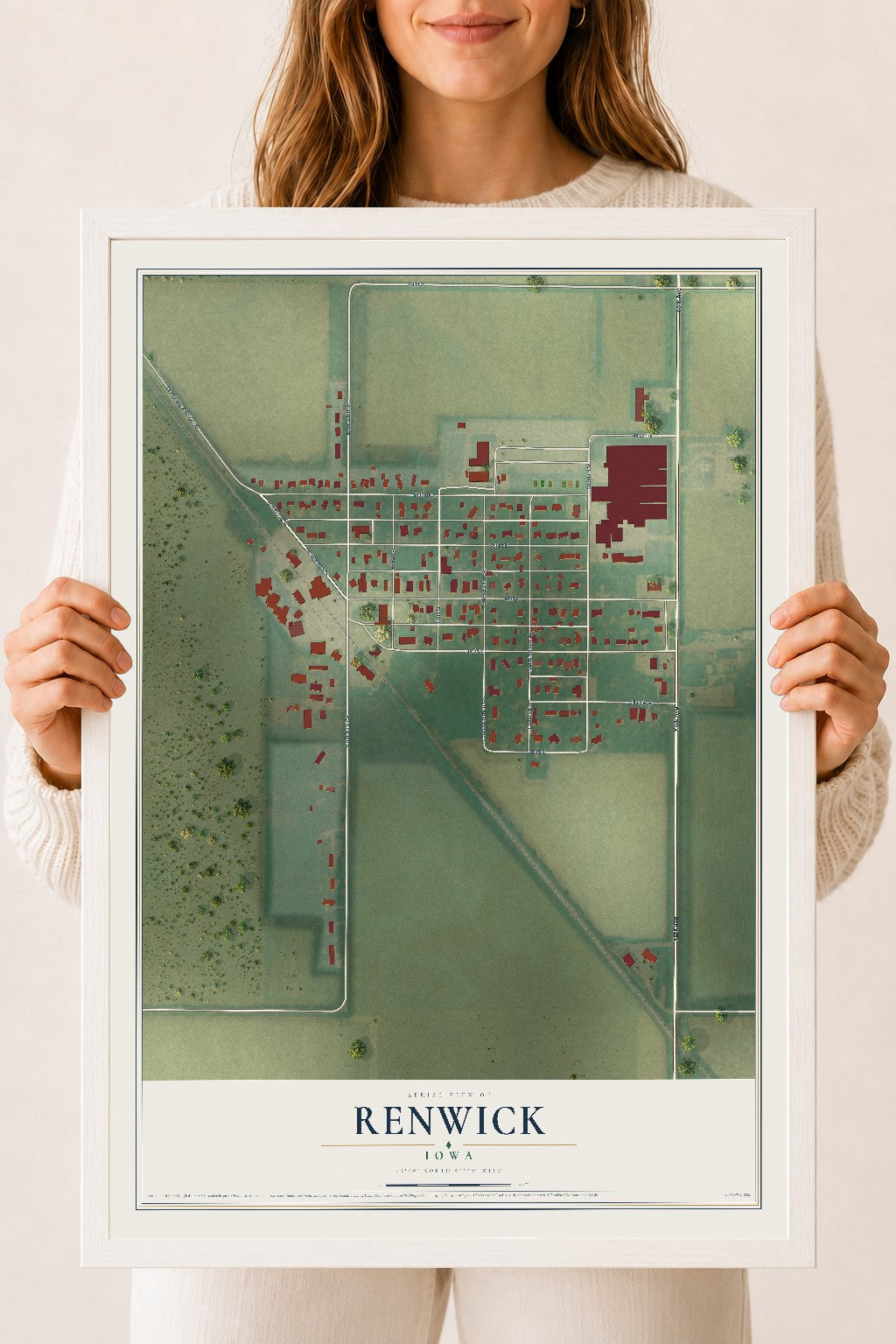 Map of Renwick, Iowa, 18 x 24 inch print in a white wood frame