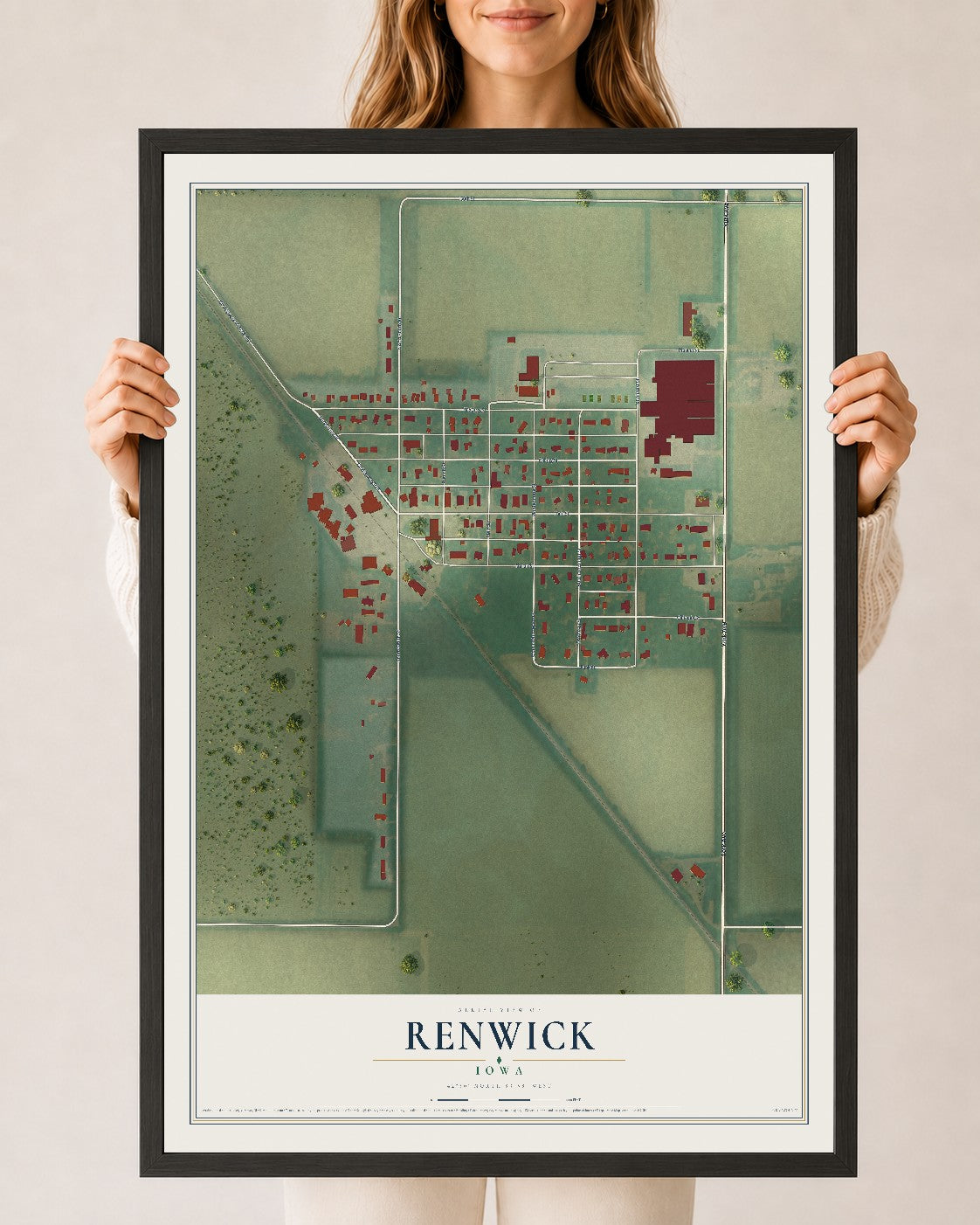 Map of Renwick, Iowa, 24 x 36 inch print in a black wood frame