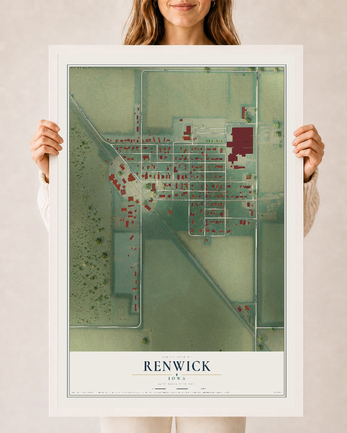 Map of Renwick, Iowa, 24 x 36 inch print in a white wood frame