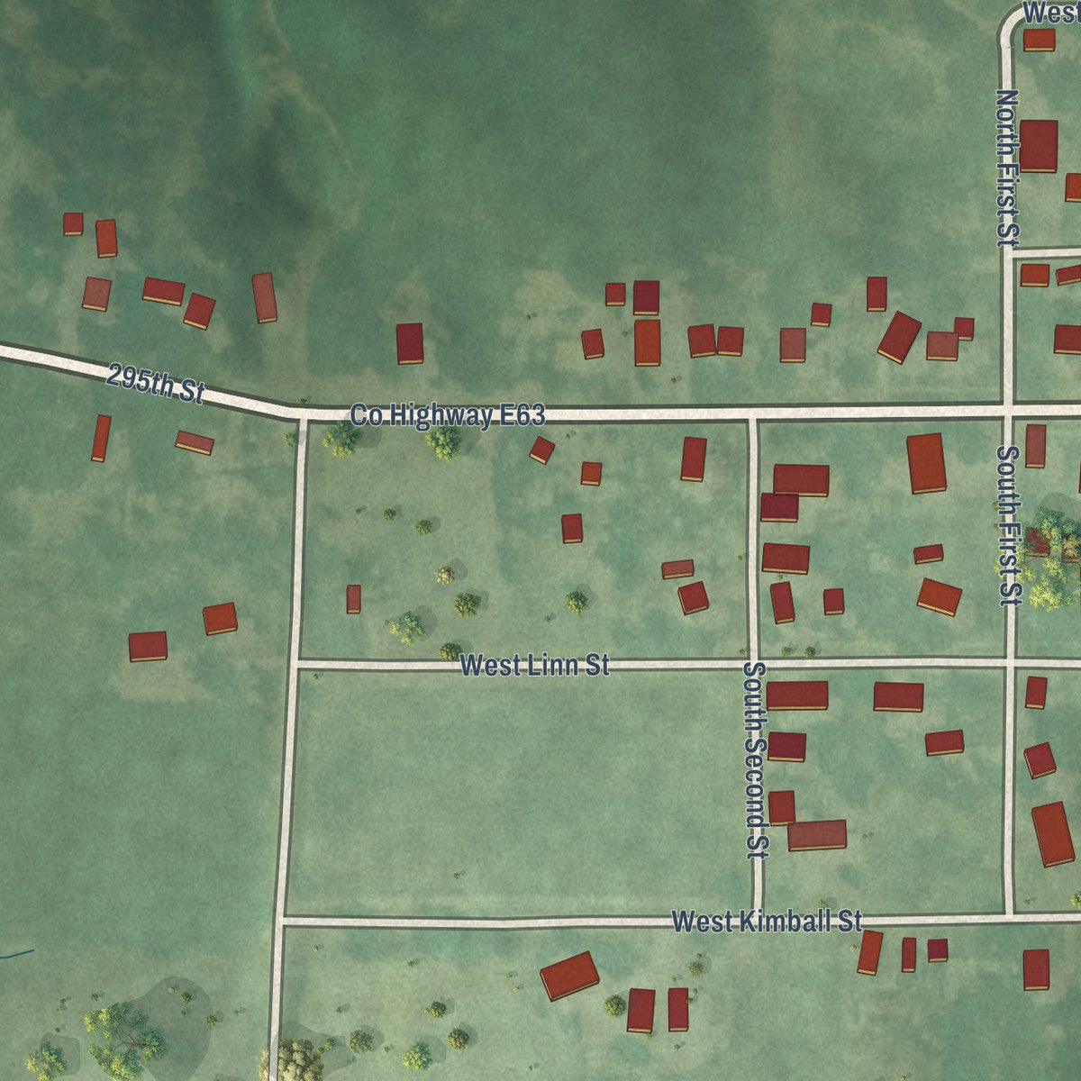Second close-up of the map of Rhodes, Iowa print showing more streets and buildings