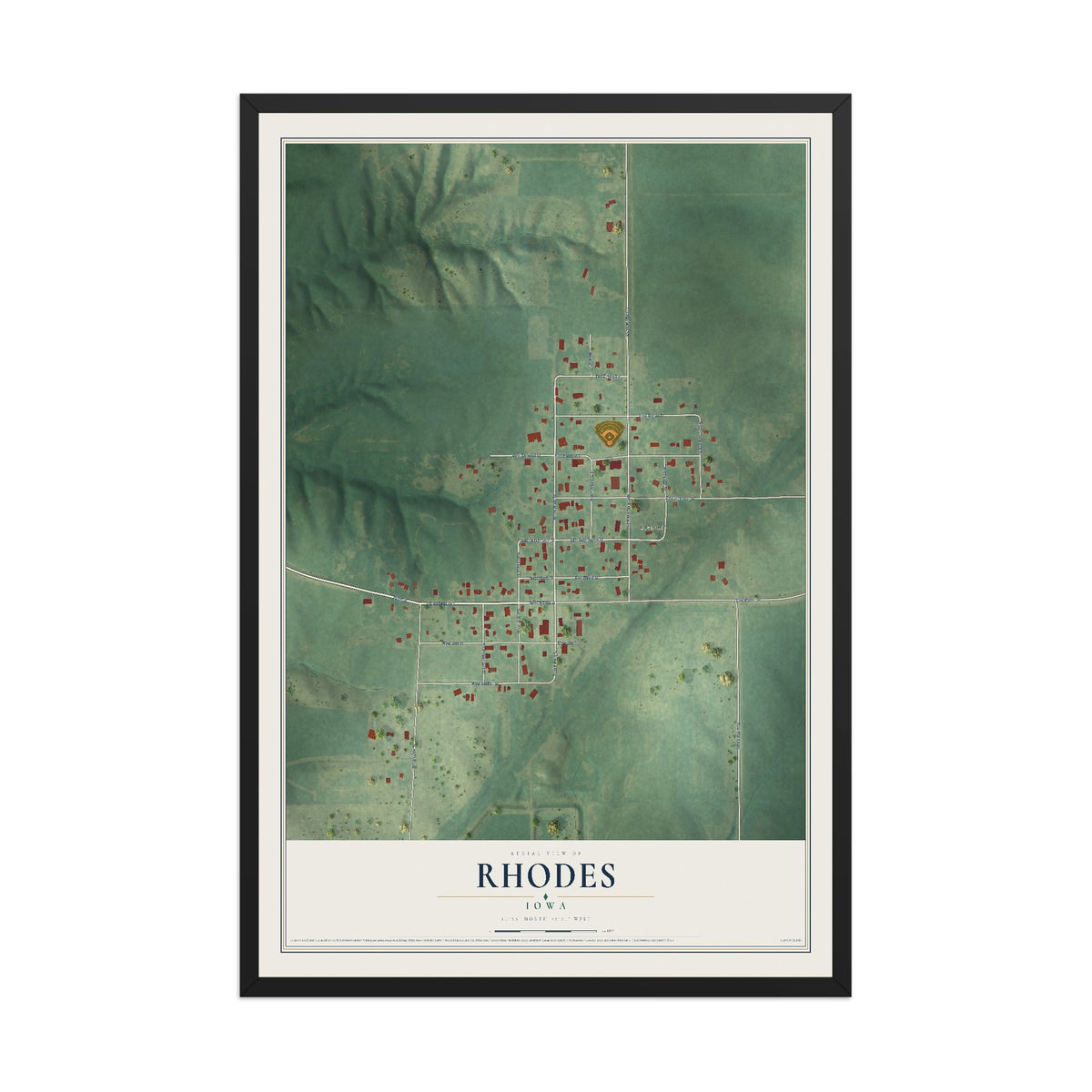 Map of Rhodes, Iowa, 12 x 18 inch print in a black wood frame